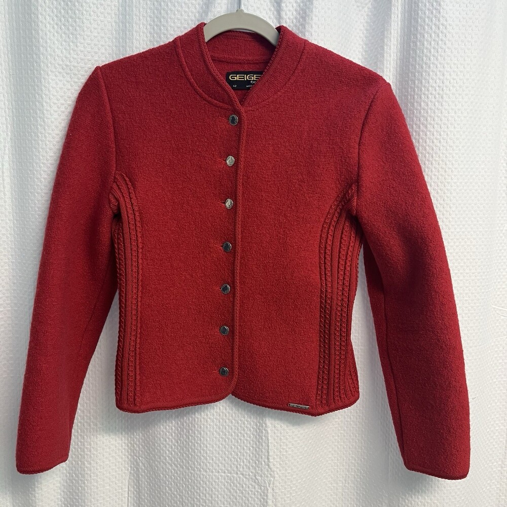 Vtg‎ Geiger Tyrol Red Boiled Wool Cable Knit Sweater Jacket Small Cardigan